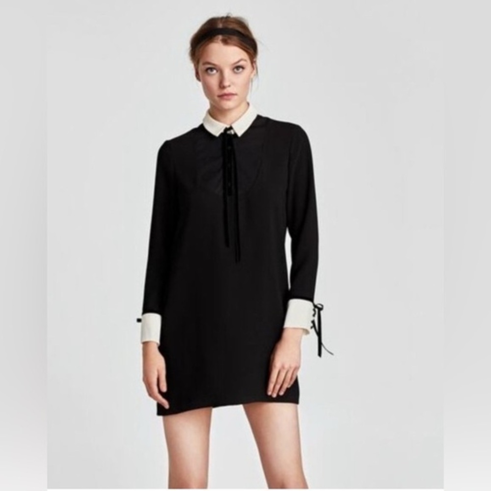 Zara Velvet Bow Black Mini Contrast Collar Dress size L